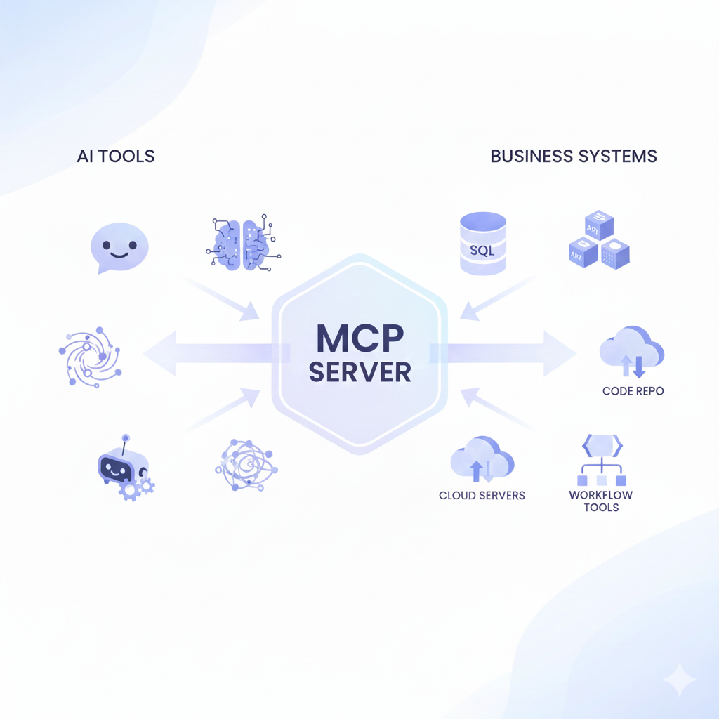 Modern illustration explaining MCP servers and their role in connecting AI models with real business tools.