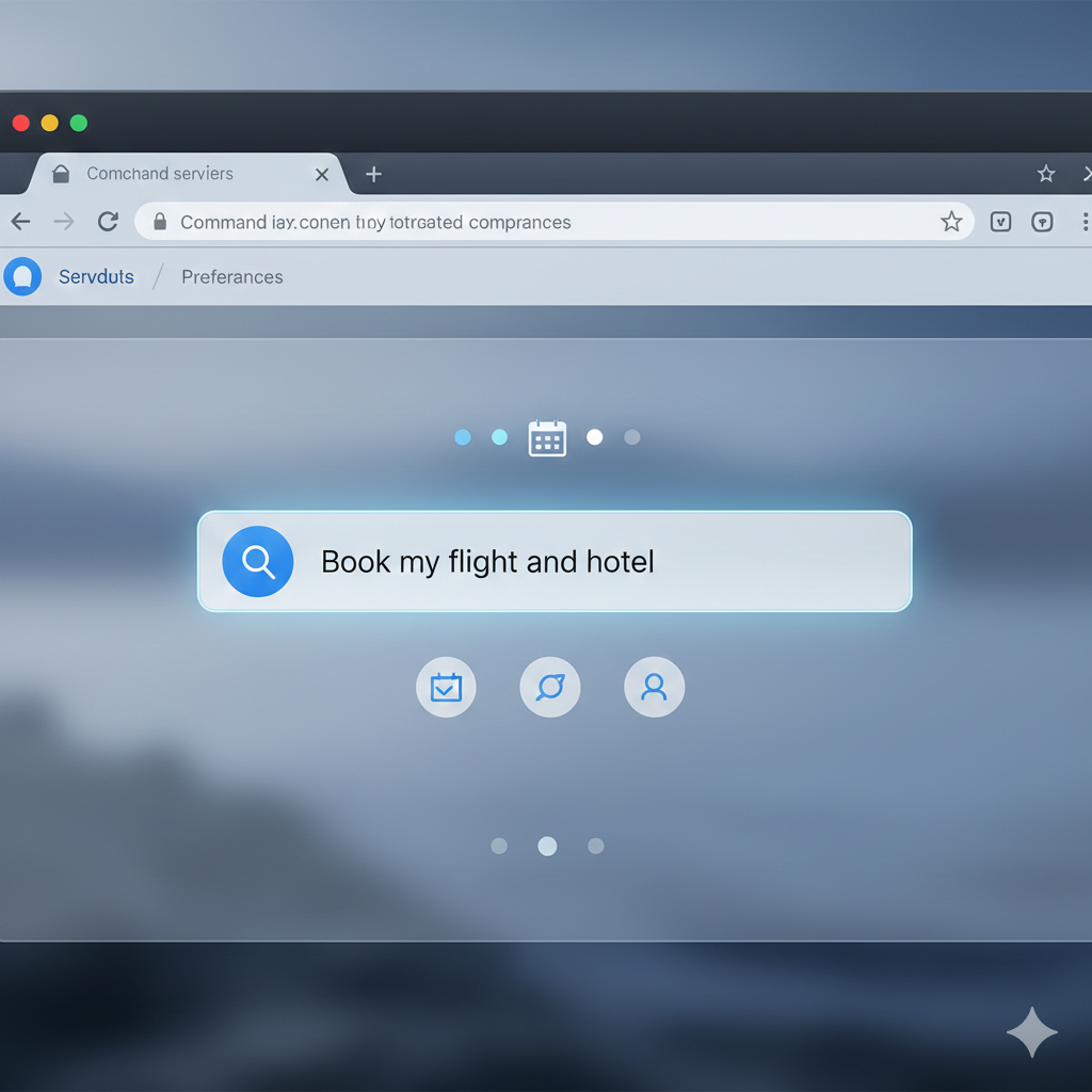 agentic browser interface with a command bar used to book flights and hotels automatically