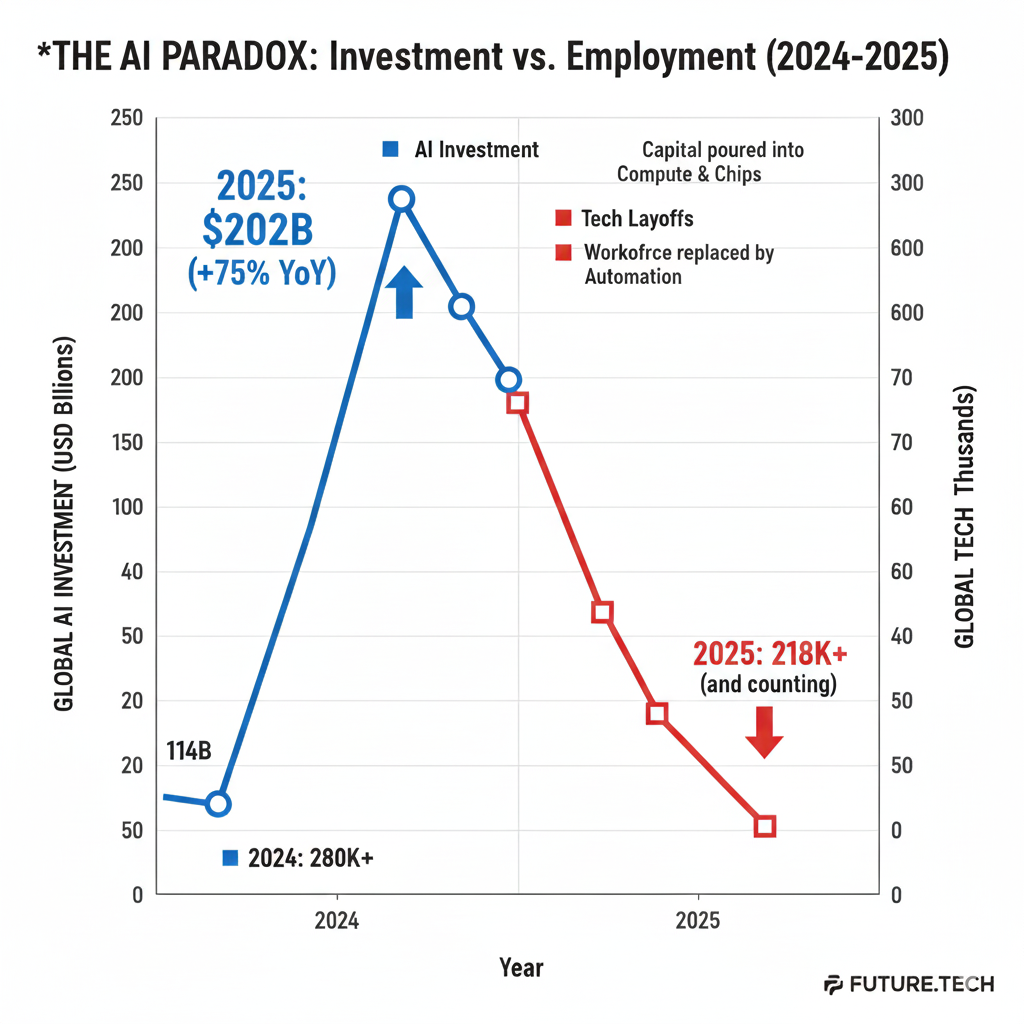 A data visualization chart showing the 2025 AI Paradox: Global AI investment rising by 75% while tech industry layoffs surpass 218,000 employees
