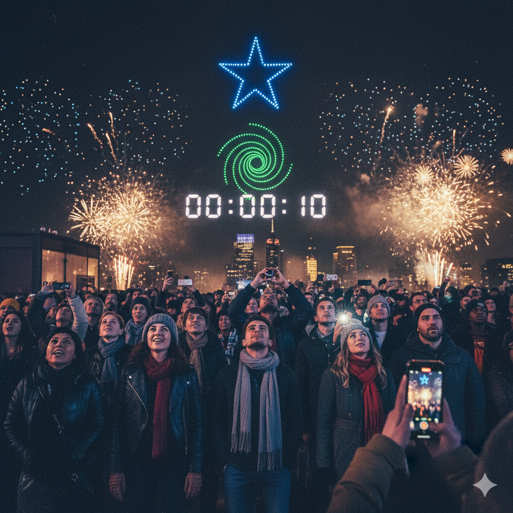 AI-powered drone fireworks and digital light displays during a New Year’s Eve celebration in a modern city