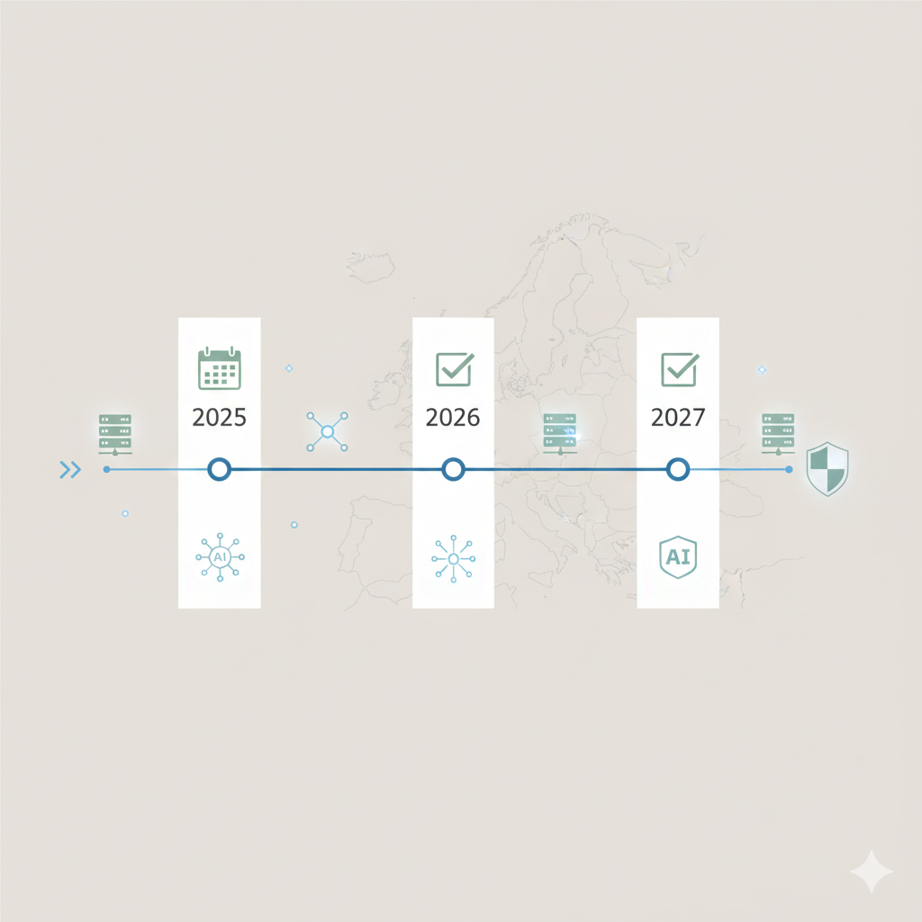 A horizontal timeline roadmap showing the progression of AI regulation in Europe from 2025 unacceptable risk bans to 2027 product integration deadlines.