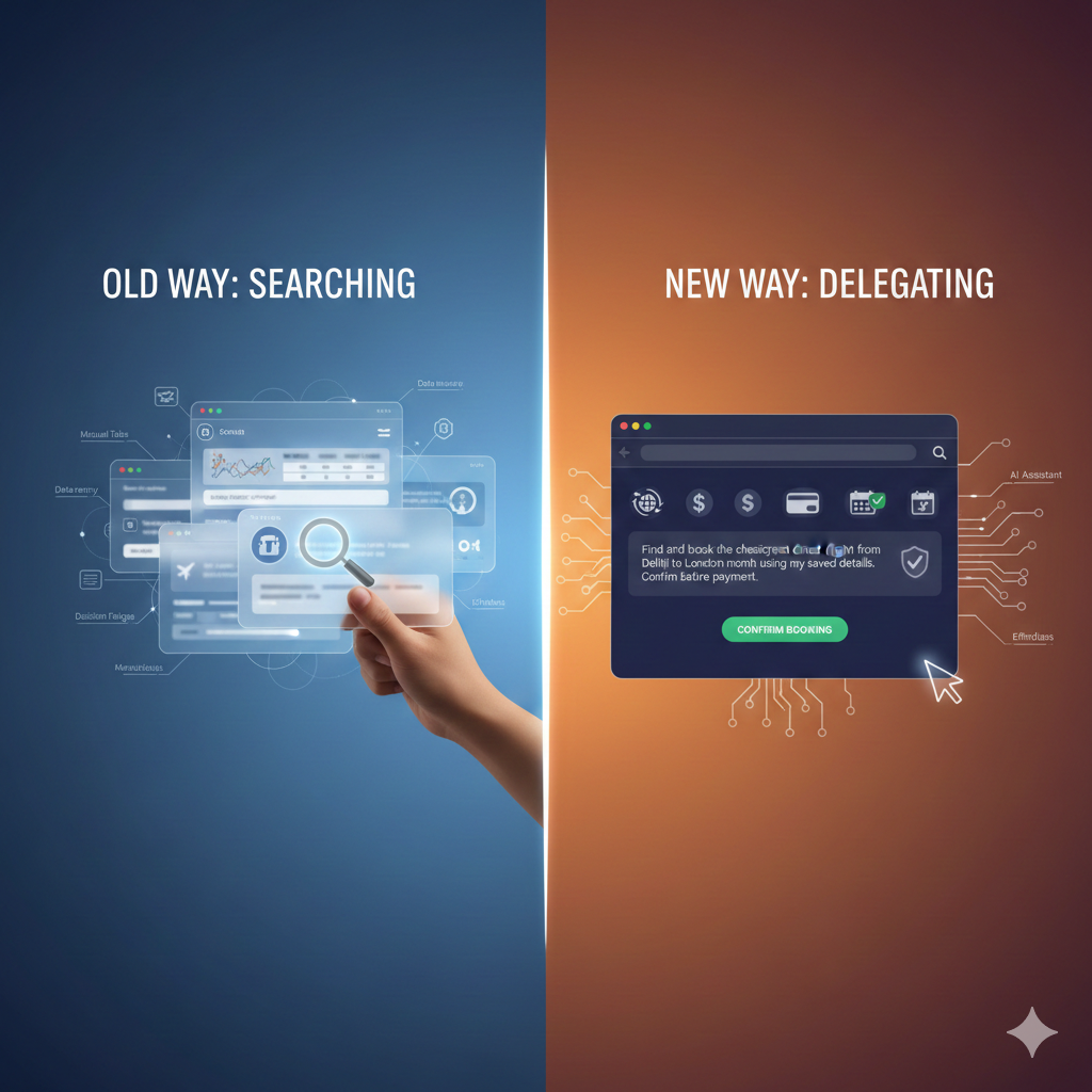 illustration of an agentic browser with a command bar replacing traditional search