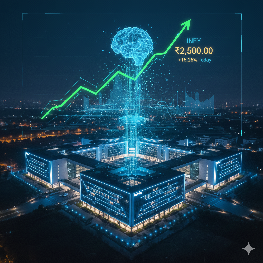 Futuristic digital overlay showing AI investments driving neural networks over the Infosys headquarters with a rising stock market ticker at an all-time high