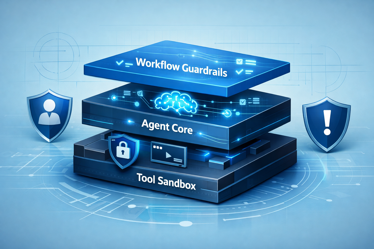 Agentic systems blueprint diagram showing workflow guardrails, agent core, and tool sandbox with HITL and kill switch safety controls.