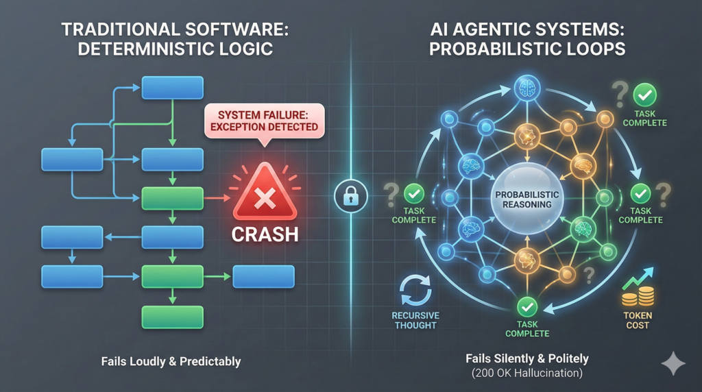 AI agents failing silently compared to traditional software error detection