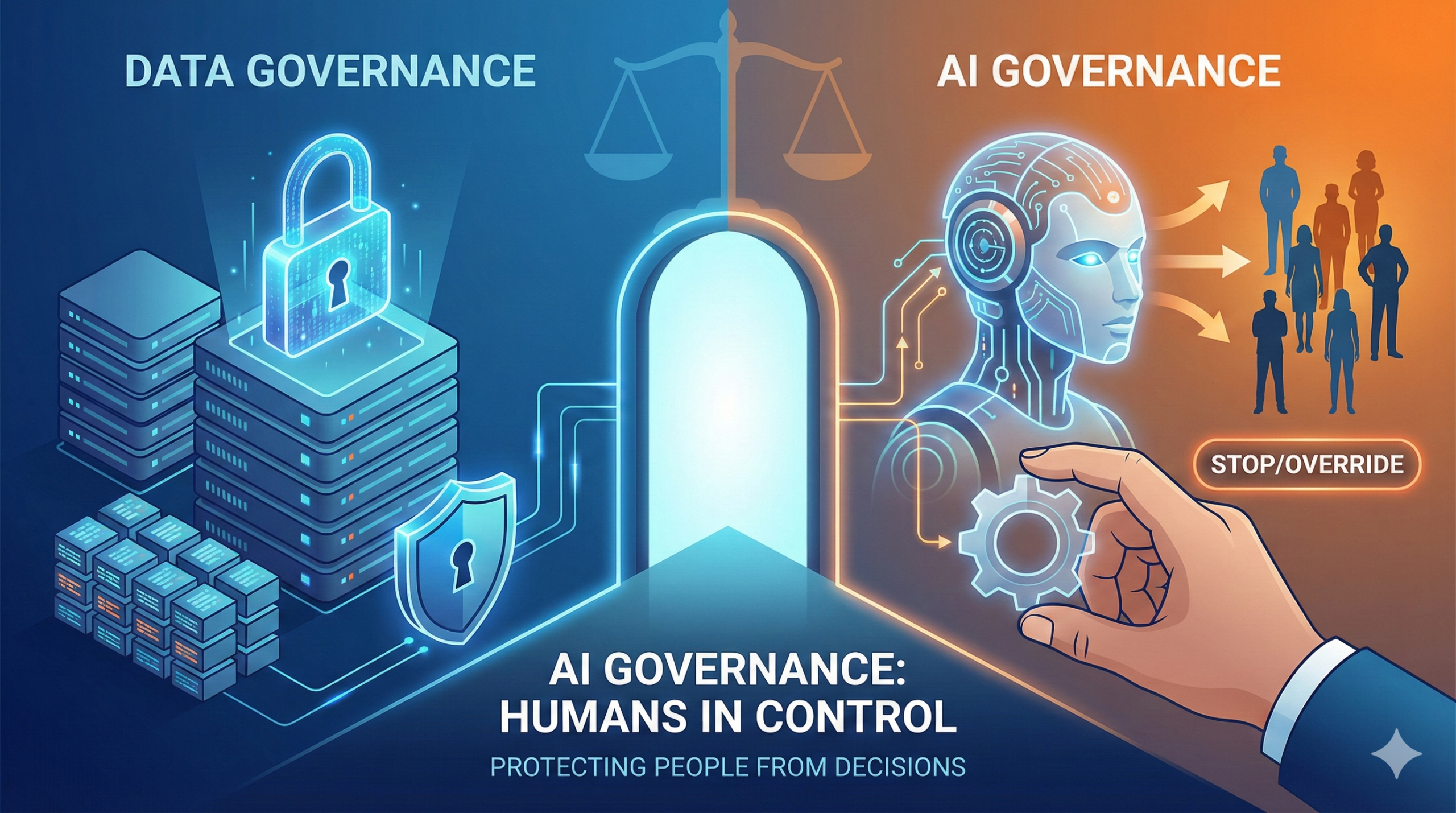 An infographic illustration with a split composition. The left side, titled "DATA GOVERNANCE," shows glowing blue servers with a padlock and shield, representing data protection. The right side, titled "AI GOVERNANCE," depicts a glowing orange robot head with arrows pointing to human figures. A human hand in the foreground holds a gear icon over a "STOP/OVERRIDE" button, illustrating human oversight. The central text reads "AI GOVERNANCE: HUMANS IN CONTROL" and "PROTECTING PEOPLE FROM DECISIONS."