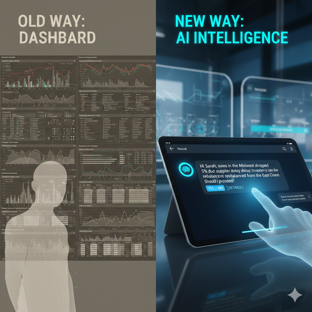 Split illustration comparing traditional dashboards with AI intelligence, showing static charts on one side and an AI system delivering decision recommendations on the other.
