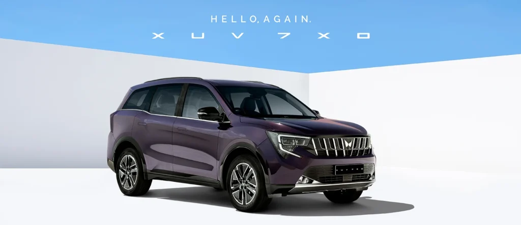 AI features in Mahindra XUV 7XO shown through a futuristic luxury SUV concept with digital intelligence overlays