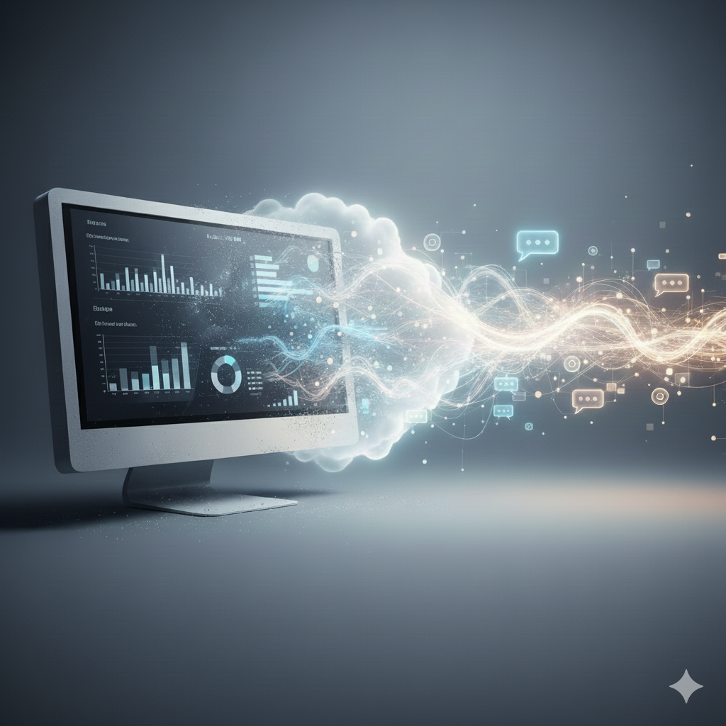 Illustration showing AI replacing traditional dashboards, with static charts transforming into intelligent, decision-driven data flows.