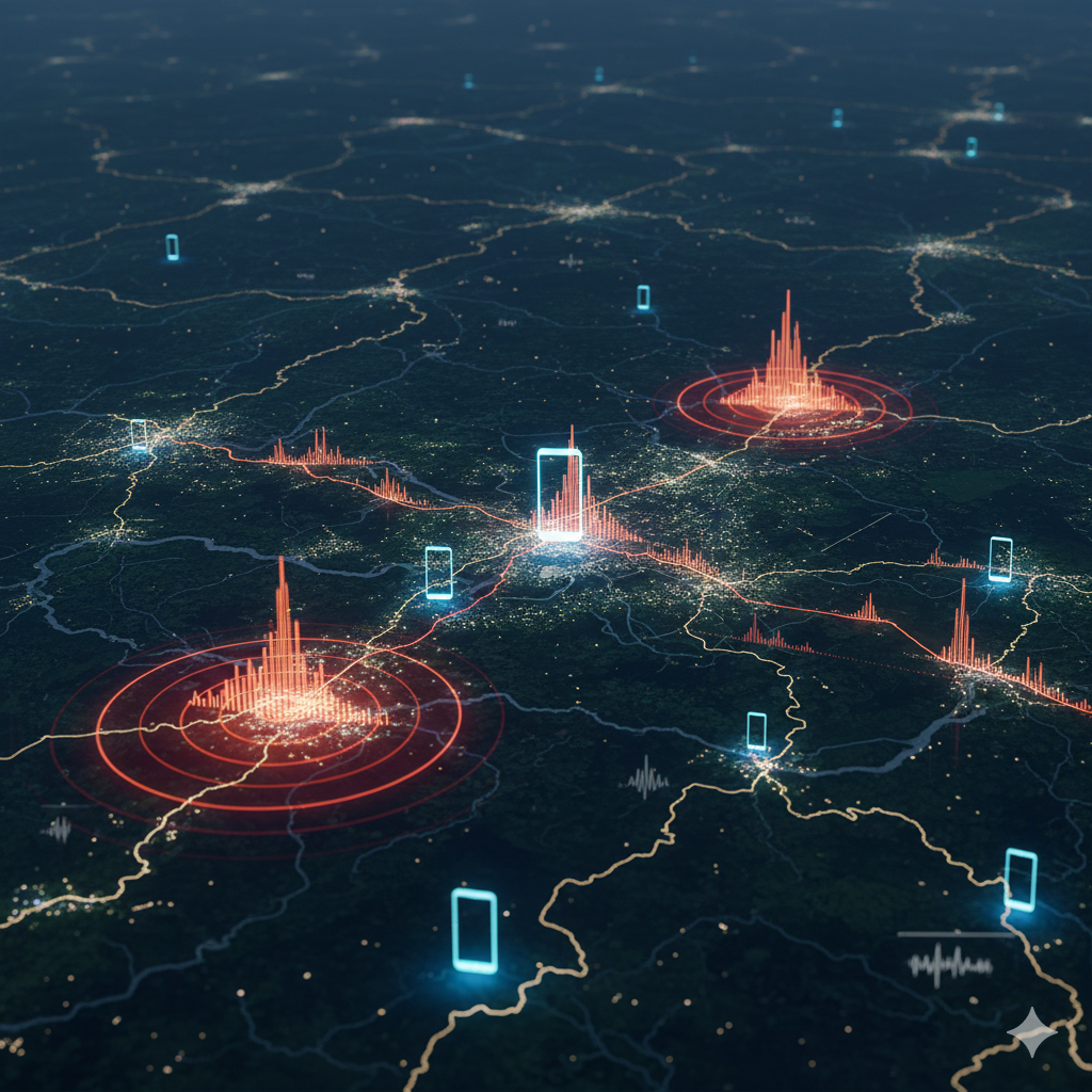 A visual showing the Assam region of India with seismic waves and AI network overlays, representing how artificial intelligence detects earthquakes in real time.