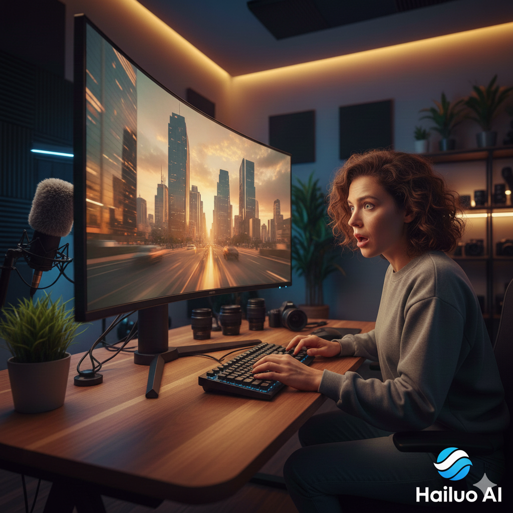 Content creator reacting to cinematic video generated using the Hailuo AI Video Generator on a desktop computer