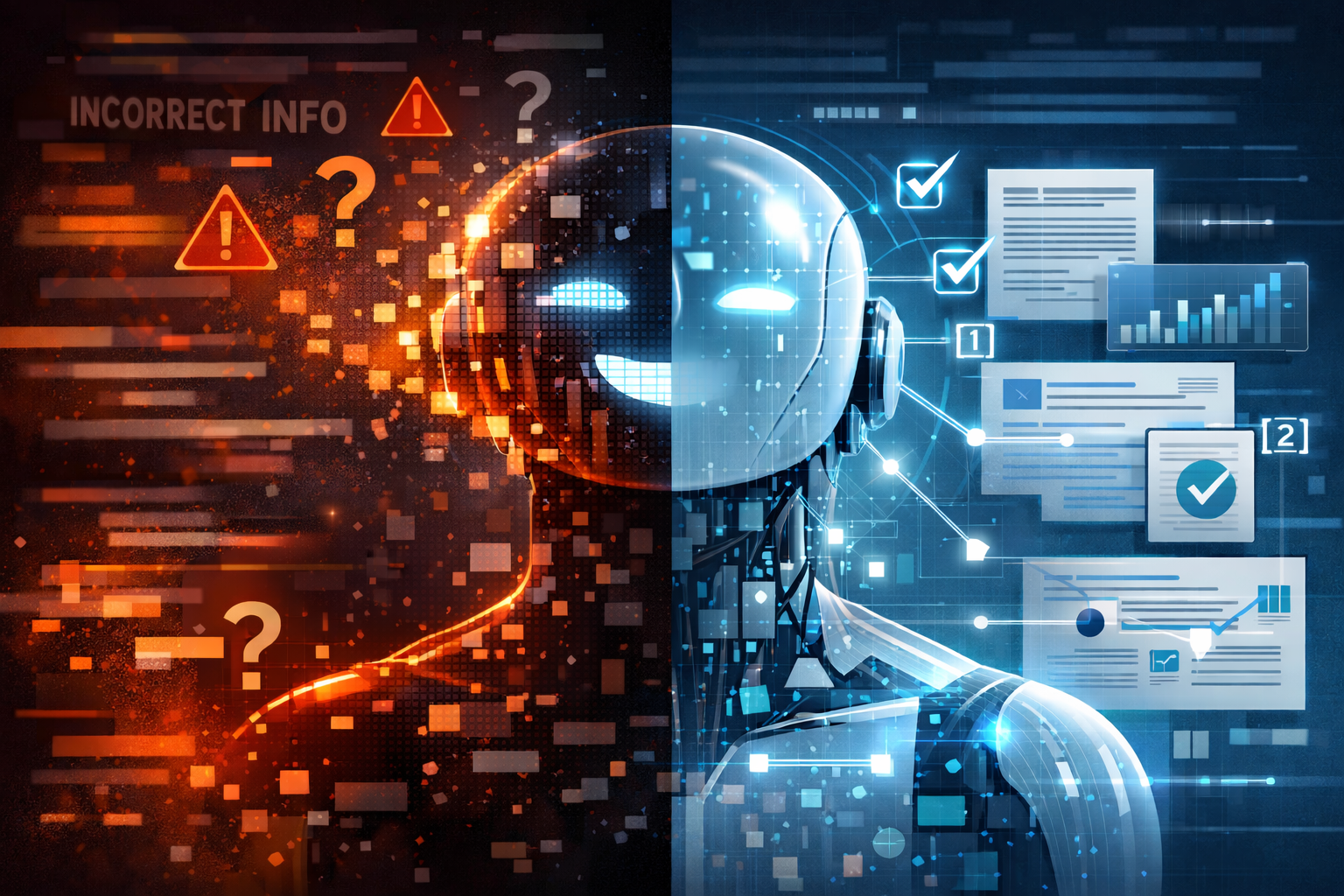 Split-screen illustration showing unreliable AI producing incorrect information on one side and trustworthy AI grounded in verified data sources on the other