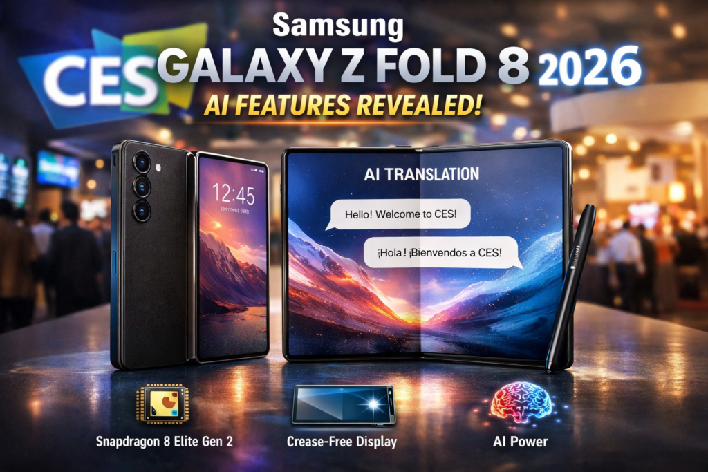Samsung Galaxy Z Fold 8 showcasing AI features and crease-free foldable display at CES 2026