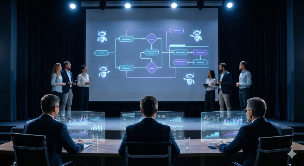 Shark Tank India Season 5 investors analyzing AI startup execution using data, workflows, and ROI metrics on a futuristic stage